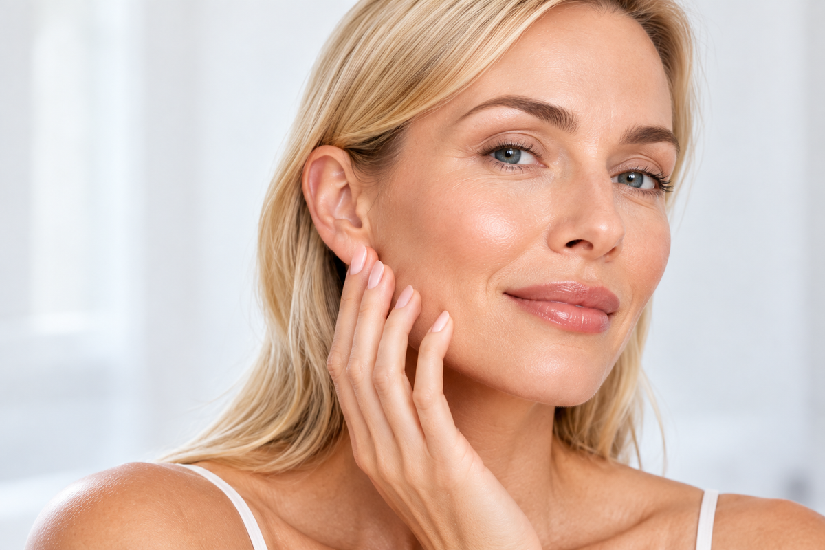 Woman with smooth, glowing skin touching her cheek