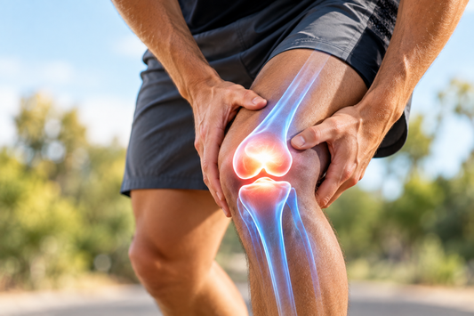 Runner holding his knee, with the knee joint highlighted