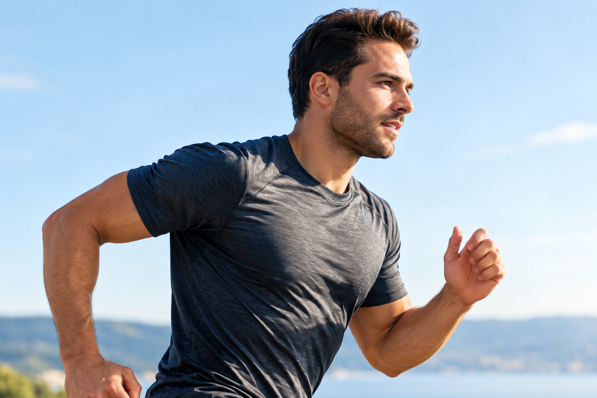 Man running on a coastal path on a sunny morning